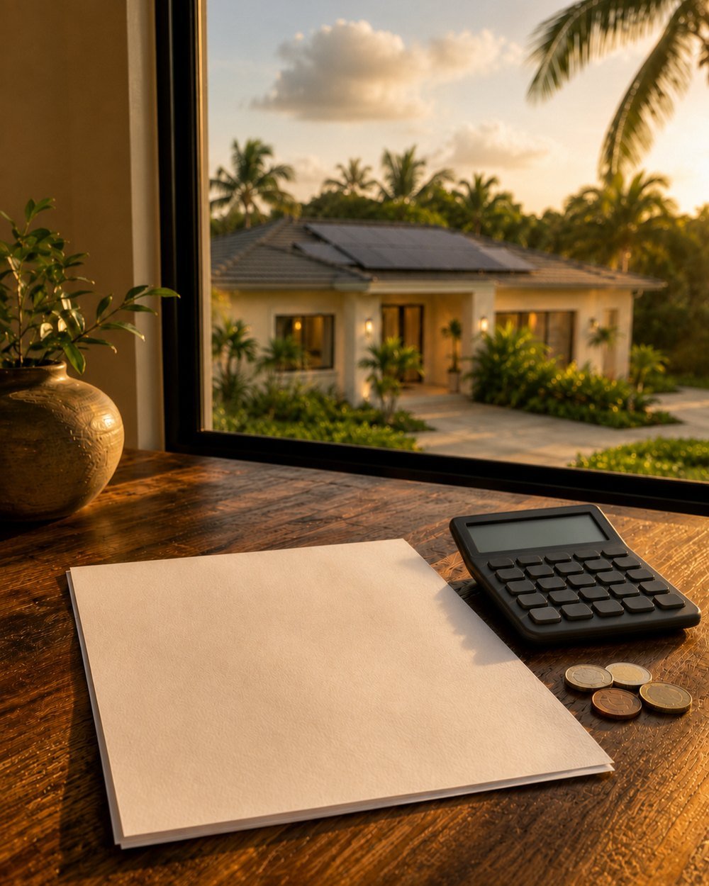 Factura de luz, calculadora y monedas con una casa solar al fondo