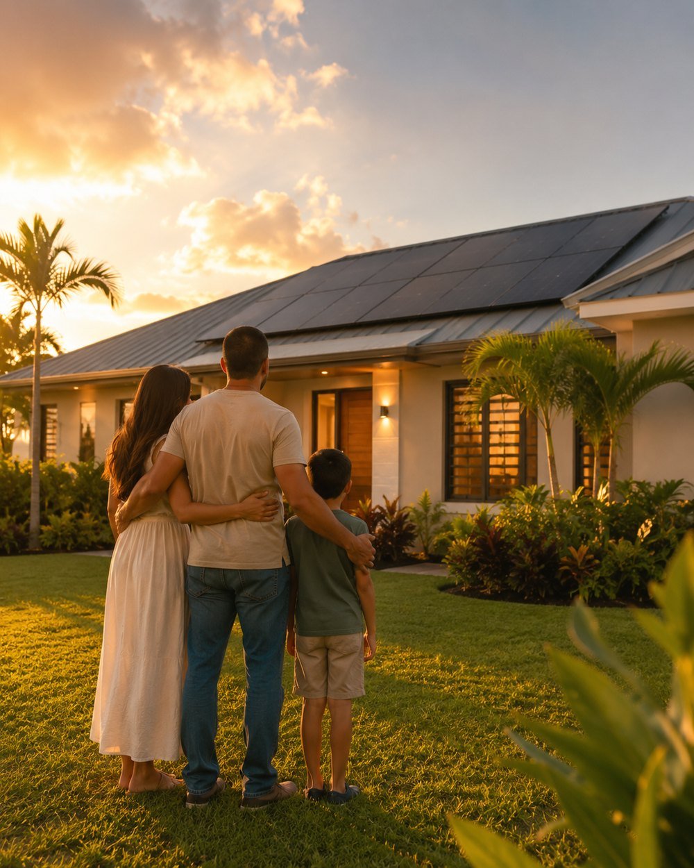 Familia contemplando su casa con placas solares al atardecer