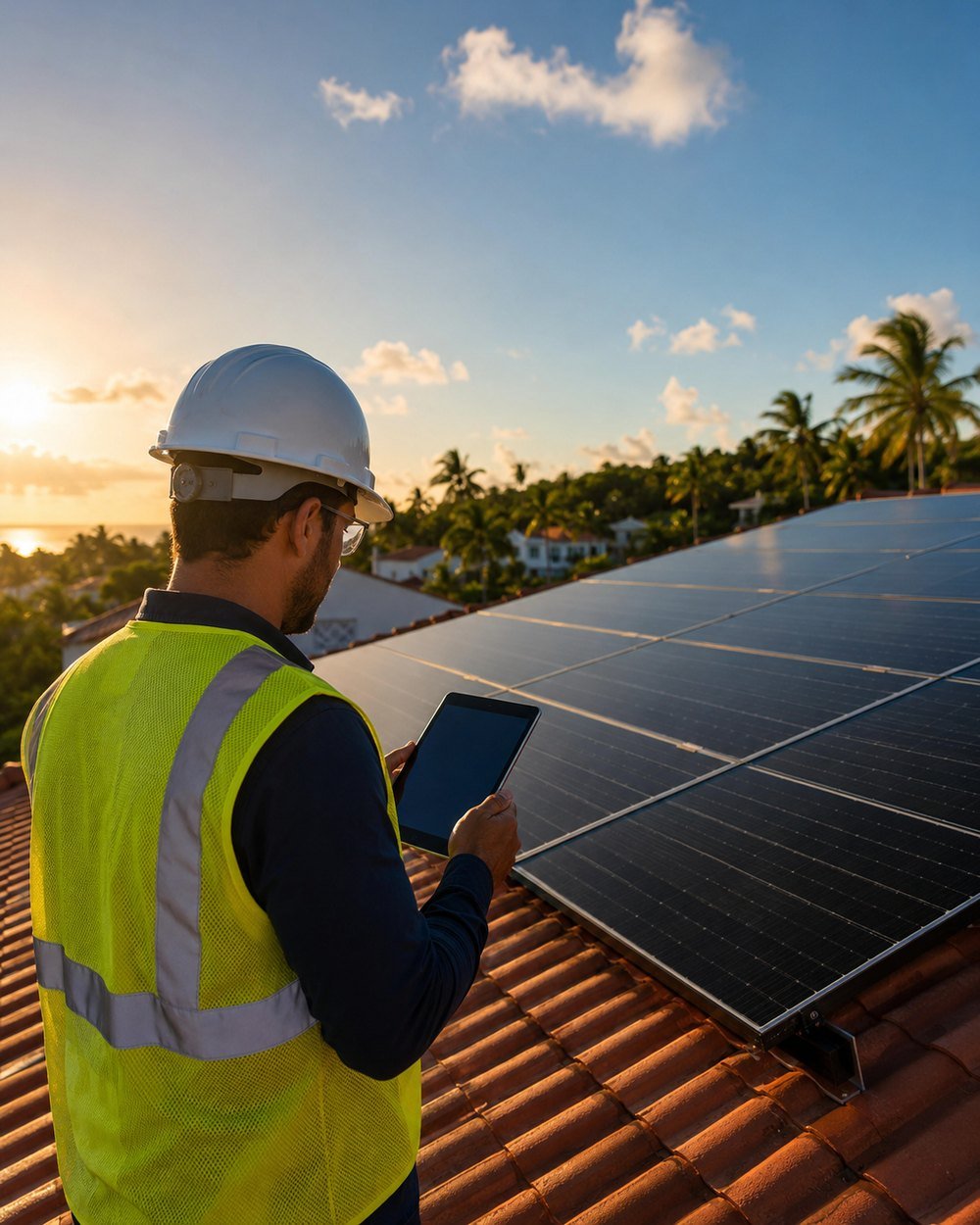 Técnico certificado inspeccionando placas solares en un techo