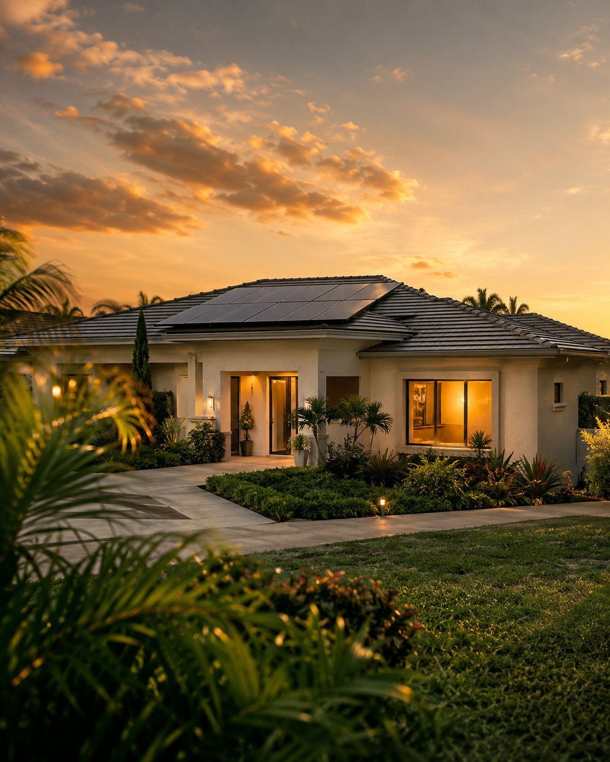 Casa unifamiliar en Puerto Rico con placas solares en el techo al atardecer